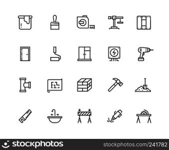 Build line icons. Home construction materials, digging and painting repair. Maintenance and building outline vector pictograms. Build line icons. Home construction materials, digging and painting repair. Maintenance and building outline pictograms
