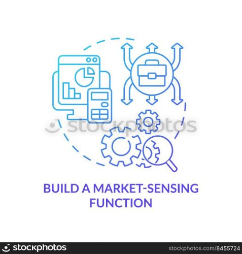 Build market sensing function blue gradient concept icon. Dealing with inflation in business abstract idea thin line illustration. Isolated outline drawing. Myriad Pro-Bold font used. Build market sensing function blue gradient concept icon