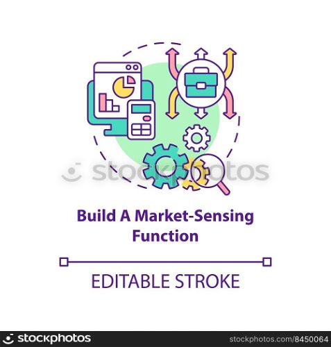 Build market sensing function concept icon. Dealing with inflation in business abstract idea thin line illustration. Isolated outline drawing. Editable stroke. Arial, Myriad Pro-Bold fonts used. Build market sensing function concept icon