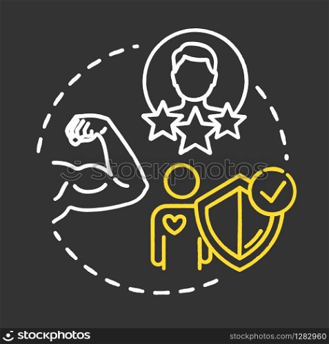 Build on strengths chalk RGB color concept icon. Healthcare. SWOT strategy. Premium membership for gym. Self-development idea. Vector isolated chalkboard illustration on black background