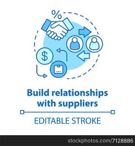 Build relationships with suppliers blue concept icon. Business agreement idea thin line illustration. Supply chain management. Companies collaboration. Vector isolated outline drawing. Editable stroke