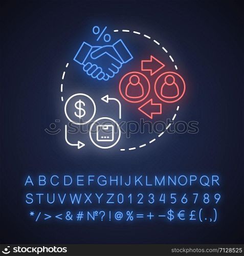 Build relationships with suppliers neon light concept icon. Business agreement idea. Dropshipping management. Glowing sign with alphabet, numbers and symbols. Vector isolated illustration