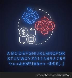 Build relationships with suppliers neon light concept icon. Business agreement idea. Dropshipping management. Glowing sign with alphabet, numbers and symbols. Vector isolated illustration