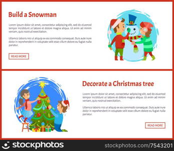 Build snowman and decorate Christmas tree web pages. Christmas winter holidays preparation vector. Family father and daughter decorating pine tree. Build Snowman, Decorate Christmas Tree Web Pages
