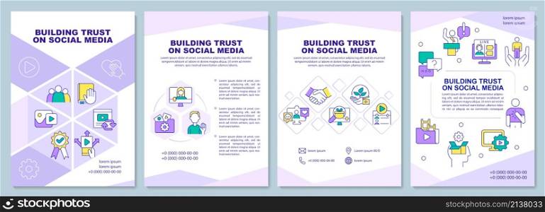 Build trust on social media purple brochure template. Booklet print design with linear icons. Vector layouts for presentation, annual reports, ads. Arial-Black, Myriad Pro-Regular fonts used. Build trust on social media purple brochure template