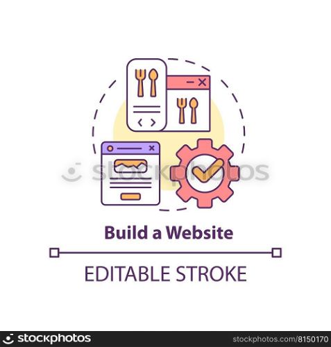 Build website concept icon. Advertise restaurant abstract idea thin line illustration. Digital restaurant brand promotion. Isolated outline drawing. Editable stroke. Arial, Myriad Pro-Bold fonts used. Build website concept icon
