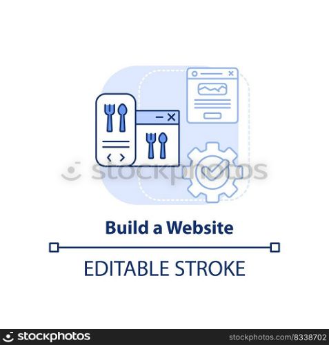 Build website light blue concept icon. Advertise restaurant abstract idea thin line illustration. Digital promotion. Isolated outline drawing. Editable stroke. Arial, Myriad Pro-Bold fonts used. Build website light blue concept icon