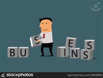 Build your own business or startup concept. Smiling focused businessman building a word Business from cubes with letters. Businessman building a new business