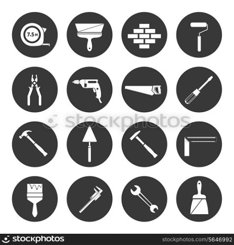 Builder and construction industry instrument assortment black icons set isolated vector illustration