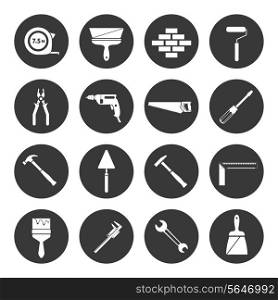 Builder and construction industry instrument assortment black icons set isolated vector illustration