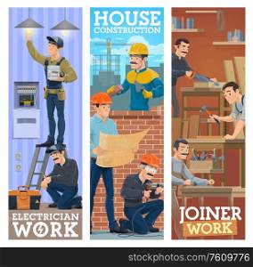 Builder at masonry brickwork, woodwork joiner and electrician worker professions and work tools, vector banners. Electricity technician repair, house construction and renovation carpentry service. Electrician, house construction and joiner workers