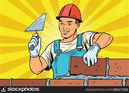 Builder brickwork. Construction and repair. Pop art retro vector illustration. Builder brickwork Construction and repair