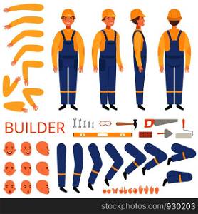 Builder character animation. Body parts head arms cap hands of engineer or builder male vector mascot creation kit. Illustration of worker male, builder character and engineer. Builder character animation. Body parts head arms cap hands of engineer or builder male vector mascot creation kit