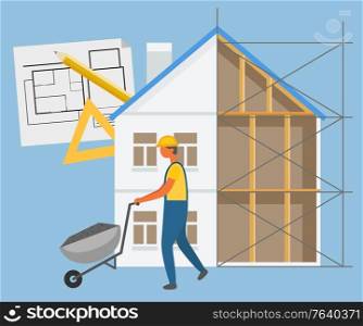 Builder character going with wheelbarrow, house project, ruler and pen. Build construction zone, wood blocks, building equipment, engineer in helmet vector. Building Construction, Builder with Truck Vector