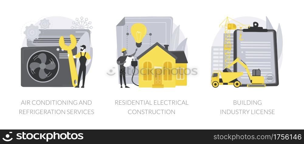 Builder contractor services abstract concept vector illustration set. Air conditioning and refrigeration services, residential electrical construction, building industry license abstract metaphor.. Builder contractor services abstract concept vector illustrations.