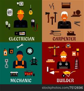 Builder, electrician, mechanic and carpenter profession flat icons showing men with hand and power tools, equipment and industrial symbols. Builder, electrician, mechanic and carpenter icons