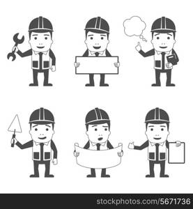 Builder manual worker workman male characters black set isolated vector illustration