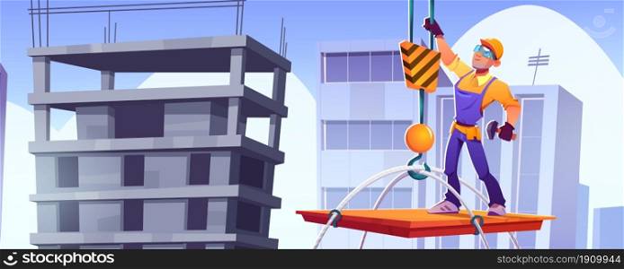 Builder on construction site, worker character in hardhat and overalls stand on platform lifting with crane up on building roof at cityscape baclground. Contractor job, Cartoon vector illustration. Builder on construction site, worker character
