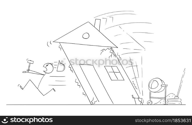 Builder or construction worker running away from collapsing house, vector cartoon stick figure or character illustration.. Construction Worker or Builder Running From Collapsing House, Vector Cartoon Stick Figure Illustration