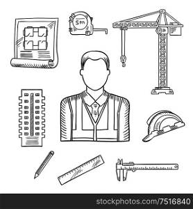 Builder or engineer pprofession sketch icons with male builder, encircled by hard hat and measure tape, construction blueprint and multi storey building, ruler and pencil, tower crane and vernier caliper. Builder or engineer profession sketches