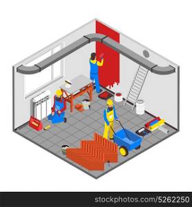 Builder People Concept . Builder people isometric concept with interior redecoration symbols vector illustration