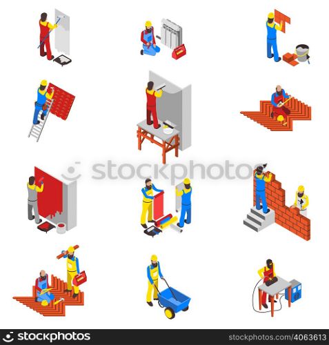 Builder people isometric icons set with equipment and tools isolated vector illustration . Builder Icons Set