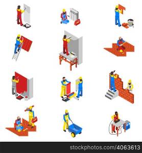 Builder people isometric icons set with equipment and tools isolated vector illustration . Builder Icons Set
