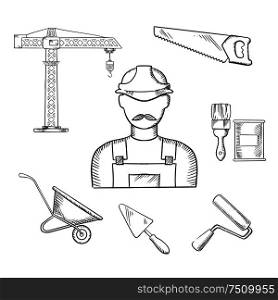 Builder profession and construction industry sketched icons with man in hard helmet and overalls with tower crane, hand saw, trowel, paintbrush, paint can, wheelbarrow and paint roller. . Builder and construction industry sketched icons