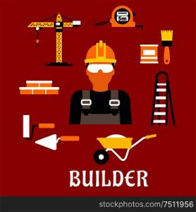 Builder profession concept with man in protective glasses and yellow hard hat with stepladder, paintbrush and paint can, ruler, brick wall, trowel and paint roller, tower crane and wheelbarrow. Flat style icons. Builder and construction flat icons