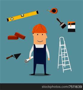 Builder profession concept with man in yellow hard helmet and overalls with trowel, brick and measuring tape, folding ladder and level tool, paintbrush with paint can and wheelbarrow. Builder or engineer with tools and equipment