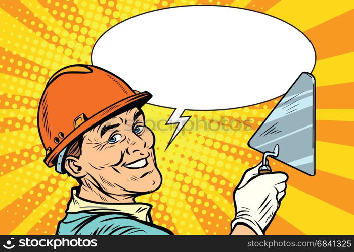 Builder repairman with the tool trowel. joyful professional smile. Pop art retro vector illustration. Builder repairman with the tool trowel