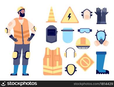 Builder safety equipment. Construction worker, protection and work gear. Man in vest glasses helmet, personal health utter vector concept. Builder worker, work safety and helmet illustration. Builder safety equipment. Construction worker, protection and work gear. Man in vest glasses helmet, personal health utter vector concept