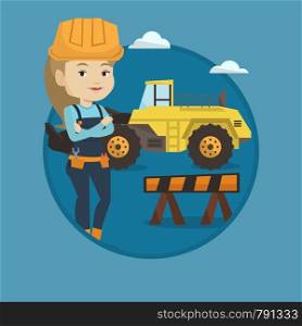 Builder standing with arms crossed. Confident builder in hard hat. Caucasian builder standing on the background of road works. Vector flat design illustration in the circle isolated on background.. Confident builder with arms crossed.