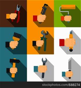Builder tools icons set. Flat set of 9 builder tools vector icons for web with long shadow. Builder tools icons set, flat style