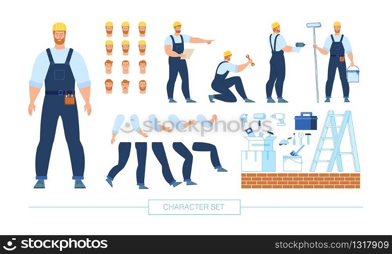 Builder, Worker in Uniform Character Constructor Trendy Flat Vector Isolated Design Elements Set. Construction Contractor in Various Poses, Body Parts, Face Expressions, Work Equipment Illustration