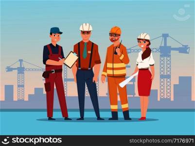 Builders and engineers background. Cartoon factory workers and business characters at construction. Vector illustration team management worker man and woman. Builders and engineers background. Cartoon factory workers and business characters at construction. Vector team management