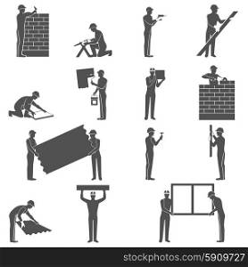 Builders black icons set with handyman people silhouettes isolated vector illustration. Builders People Set