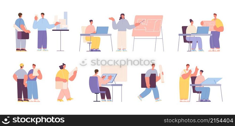 Builders characters. Factory working man, construction worker. Isolated businesses engineer and architect. Contractor team utter vector set. Illustration of worker factory, construction man. Builders characters. Factory working man, construction worker. Isolated businesses engineer and architect. Contractor team utter vector set