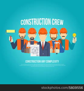 Builders engineers and work men in hard hats concept flat vector illustration. Builders Concept Flat