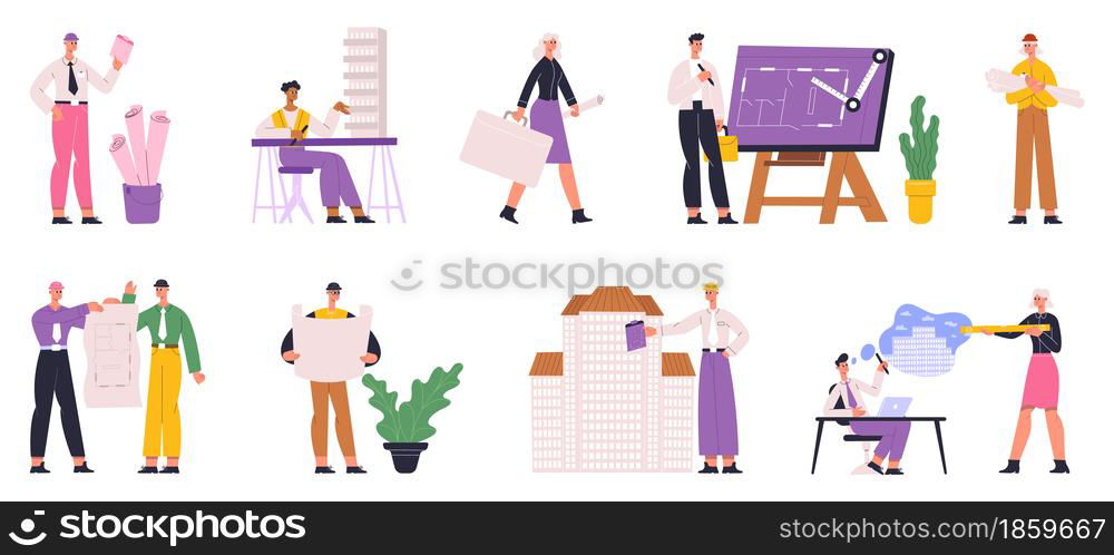 Builders, engineers, architects professional construction workers. Architect people occupation vector illustration set. Professional engineer characters. Builder and engineer, worker occupation. Builders, engineers, architects professional construction workers. Architect people occupation vector illustration set. Professional engineer characters