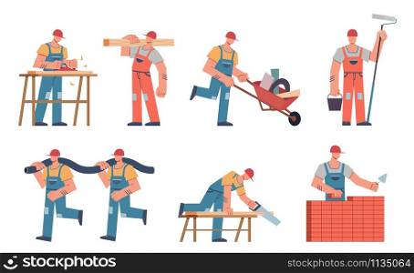 Builders. Engineers, contractors and construction workers in hardhats and uniform with tools and professional equipment. Vector process of building set. Builders. Engineers, contractors and construction workers in hardhats and uniform with tools and professional equipment. Vector set