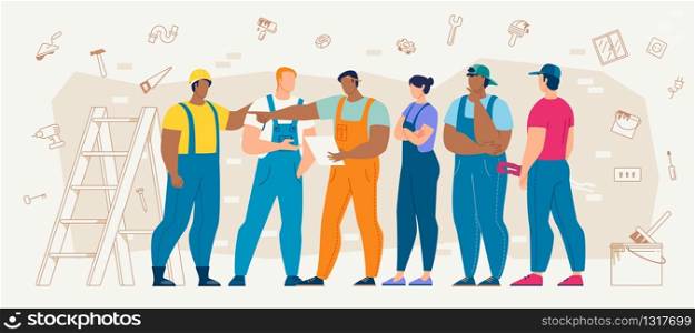 Builders Group, Construction Contractors Team, House Repair Service Workers Discussing Work Plan, Making Work Decision, Talking About Building or Apartment Drawings Details Flat Vector Illustration