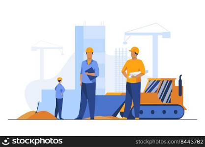 Builders in helmets working at construction site. Machine, building, worker flat vector illustration. Engineering and development concept for banner, website design or landing web page