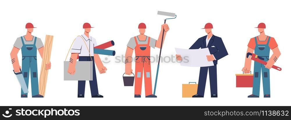 Builders team. Construction engineers, contractors and architects, technicians and professional builders with tools, cartoon vector engineering isolated people concept. Builders team. Construction engineers, contractors and architects, technicians and professional builders with tools, cartoon vector concept