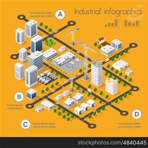 Building 3D industry construction of isometric infographics of flat design with urban landscape and industrial factory buildings and vector illustration. Building 3D industry