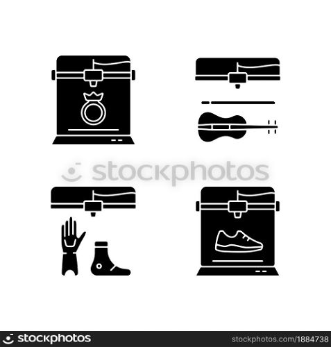 Building 3d objects process black glyph icons set on white space. Jewelry production. Eyewear industry. Artificial limbs fabrication. 3d printed shoes. Silhouette symbols. Vector isolated illustration. Building 3d objects process black glyph icons set on white space