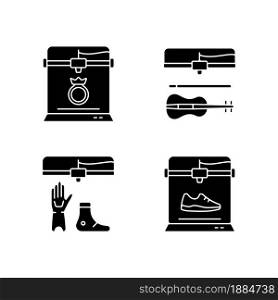 Building 3d objects process black glyph icons set on white space. Jewelry production. Eyewear industry. Artificial limbs fabrication. 3d printed shoes. Silhouette symbols. Vector isolated illustration. Building 3d objects process black glyph icons set on white space