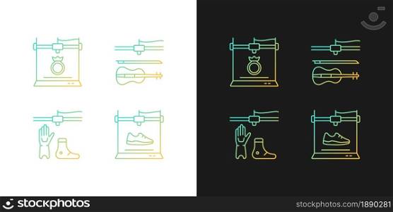Building 3d objects process gradient icons set for dark and light mode. Jewelry production. Thin line contour symbols bundle. Isolated vector outline illustrations collection on black and white. Building 3d objects process gradient icons set for dark and light mode