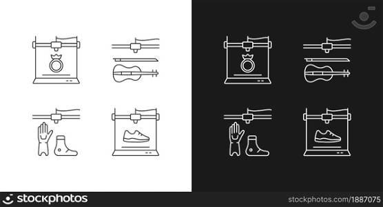Building 3d objects process linear icons set for dark and light mode. Jewelry production. Artificial limbs. Customizable thin line symbols. Isolated vector outline illustrations. Editable stroke. Building 3d objects process linear icons set for dark and light mode