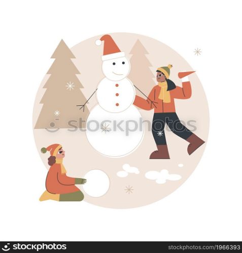 Building a snowman abstract concept vector illustration. Fun activity, winter season entertainment, Christmas holiday, building with snow, create snowman, family outdoor leisure abstract metaphor.. Building a snowman abstract concept vector illustration.